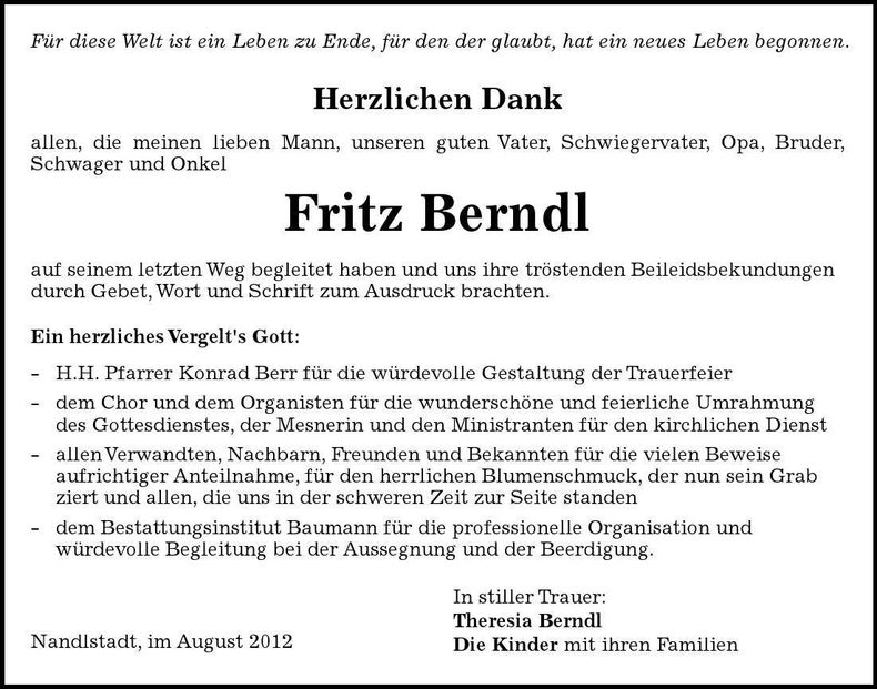 Traueranzeige Fritz Berndl