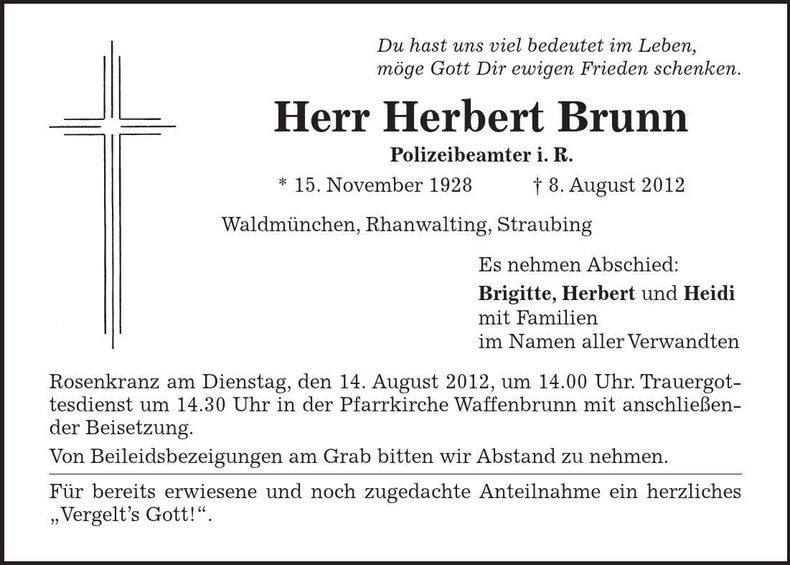 Traueranzeige Herbert Brunn