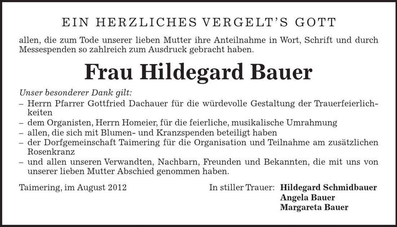 Traueranzeige Hildegard Bauer
