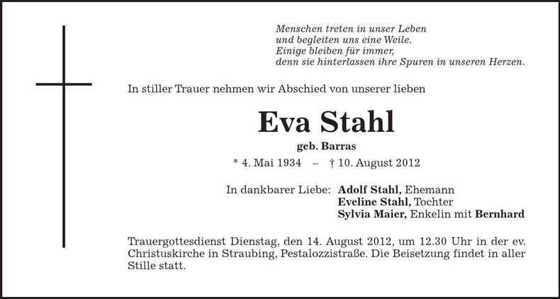 Traueranzeige Eva Stahl