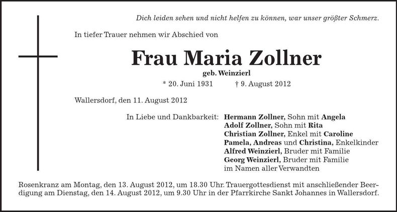 Traueranzeige Maria Zollner