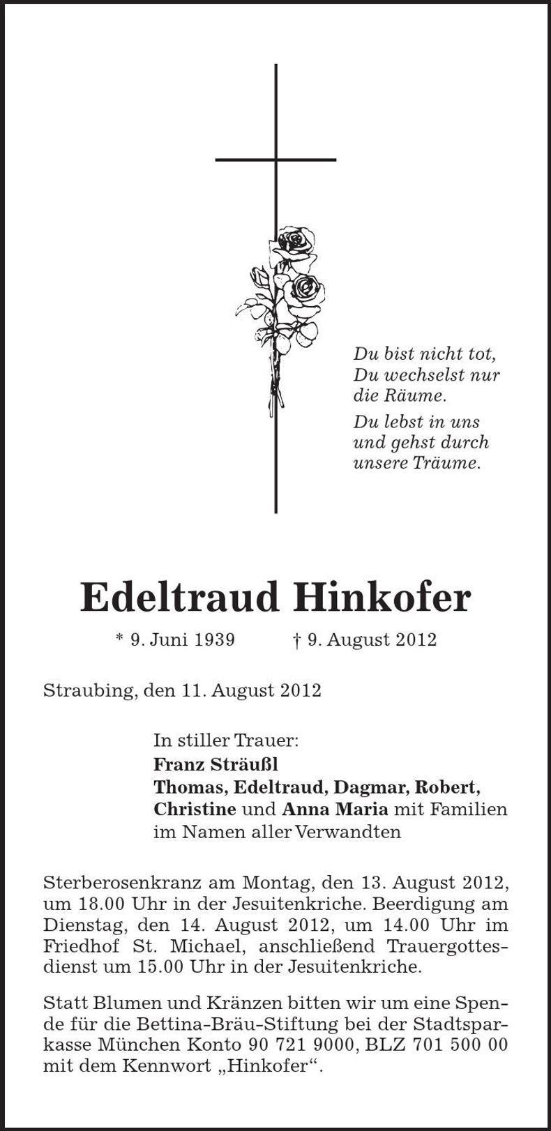 Traueranzeige Edeltraud Hinkofer