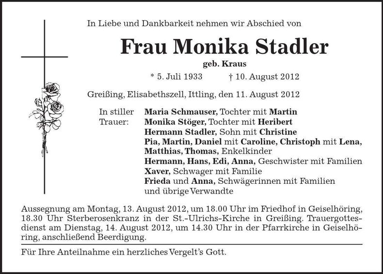 Traueranzeige Monika Stadler
