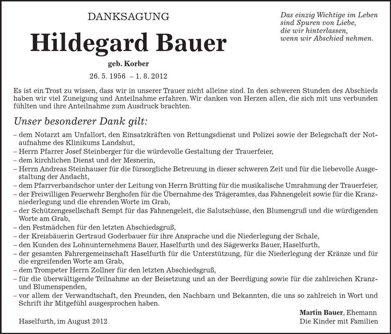 Traueranzeige Hildegard Bauer