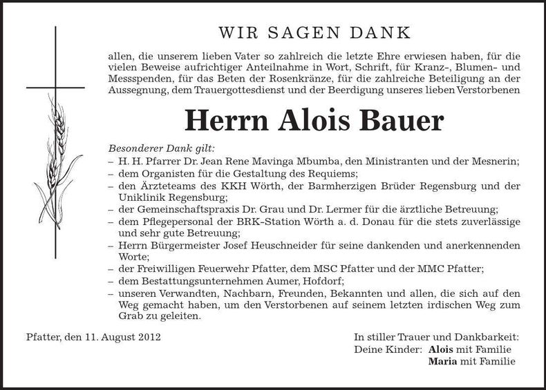 Traueranzeige Alois Bauer