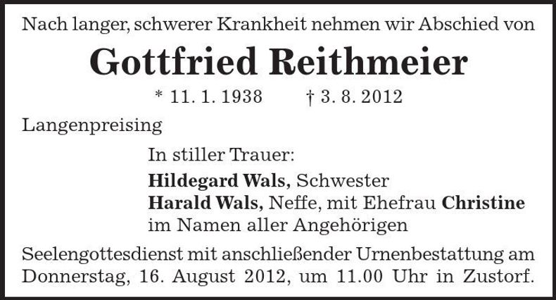 Traueranzeige Gottfried Reithmeier