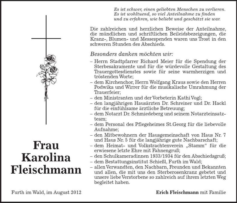 Traueranzeige Karolina Fleischmann