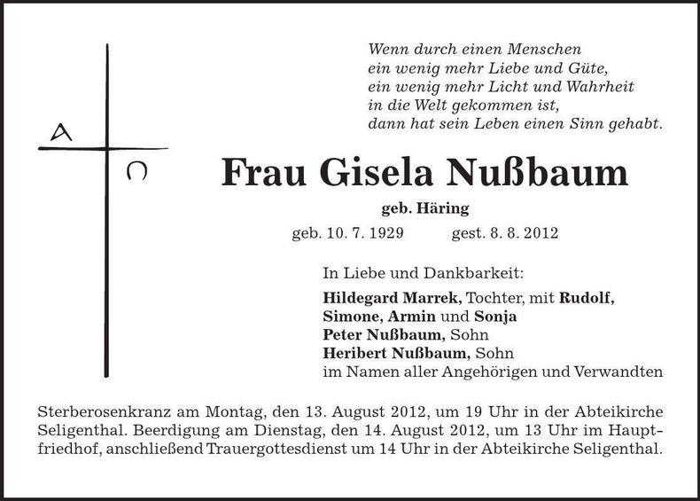 Traueranzeige Gisela Nußbaum