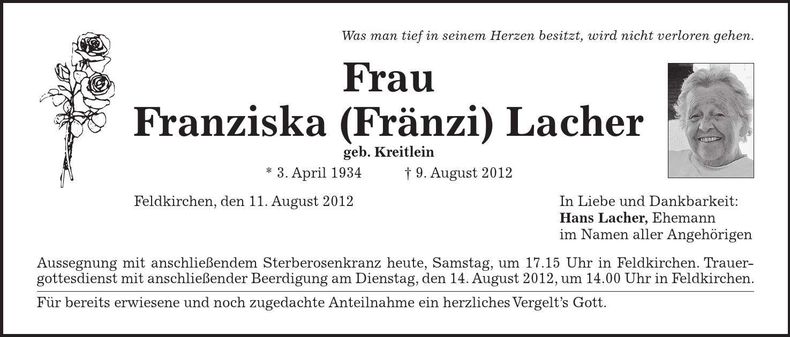 Traueranzeige Fränzi Lacher