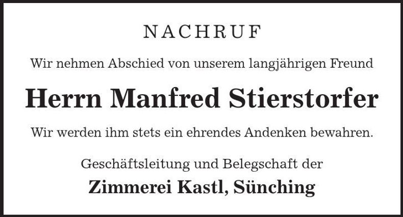 Traueranzeige Manfred Stierstorfer
