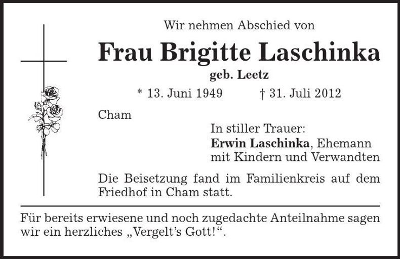 Traueranzeige Brigitte Laschinka