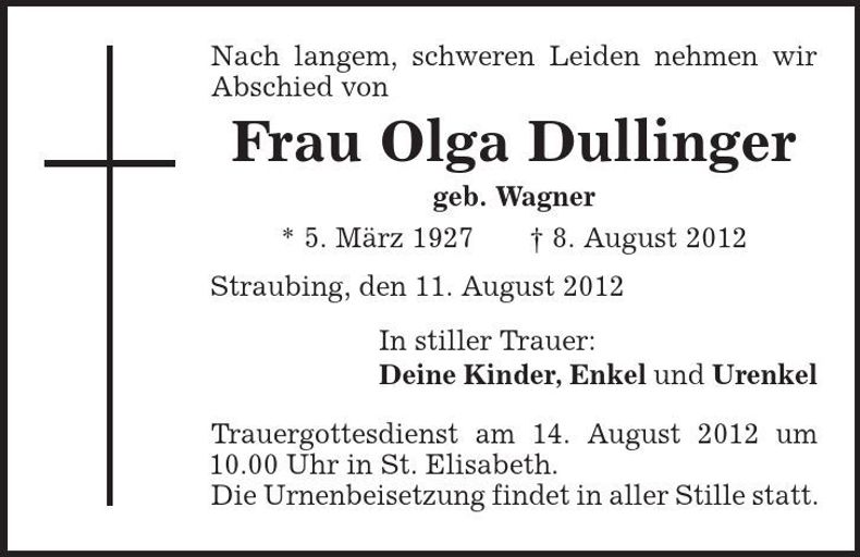 Traueranzeige Olga Dullinger