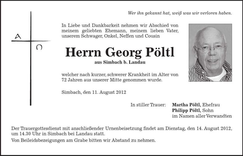 Traueranzeige Georg Pöltl