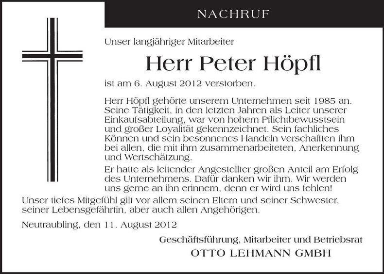 Traueranzeige Peter Höpfl