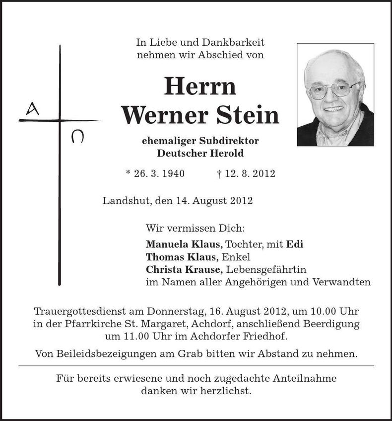 Traueranzeige Werner Stein