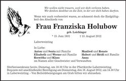 Traueranzeige Franziska Holubow