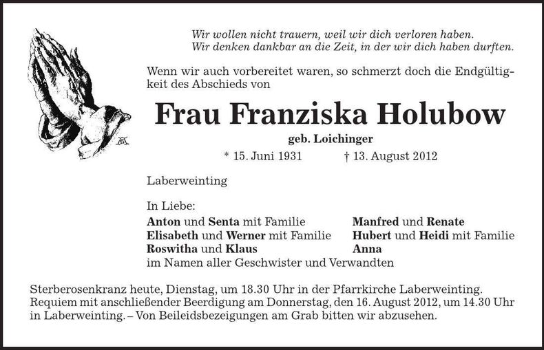Traueranzeige Franziska Holubow