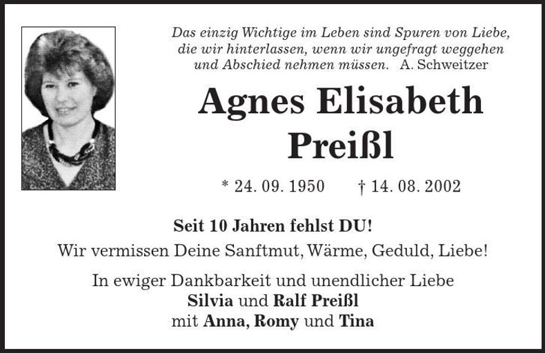 Traueranzeige Agnes Elisabeth Preißl