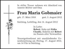 Traueranzeige Maria Gobmaier