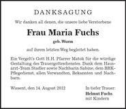 Traueranzeige Maria Fuchs