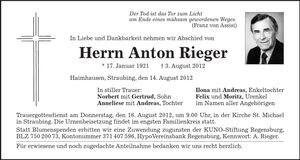 Traueranzeige Anton Rieger