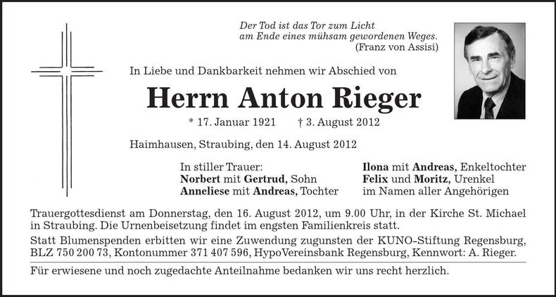 Traueranzeige Anton Rieger