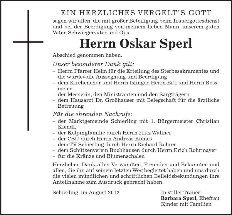 Traueranzeige Oskar Sperl