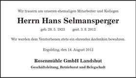 Traueranzeige Hans Selmansperger