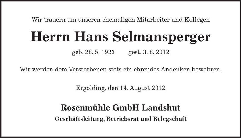 Traueranzeige Hans Selmansperger