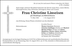 Traueranzeige Christine Linseisen