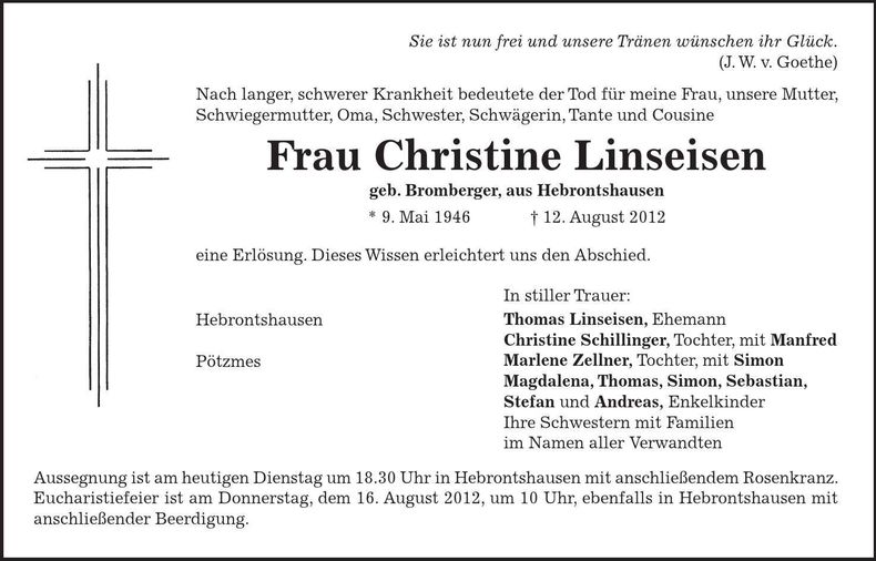 Traueranzeige Christine Linseisen