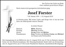 Traueranzeige Josef Forster