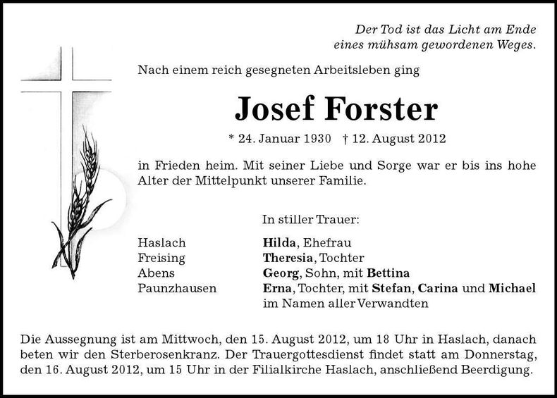 Traueranzeige Josef Forster