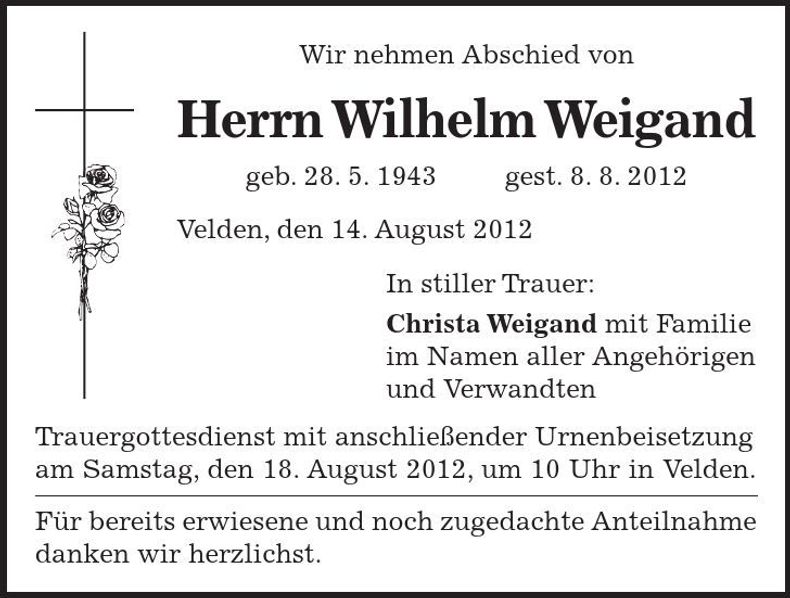 Traueranzeige Wilhelm Weigand