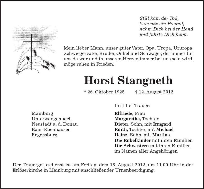 Traueranzeige Horst Stangneth