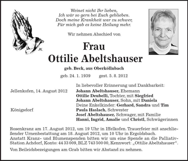 Traueranzeige Ottilie Abeltshauser