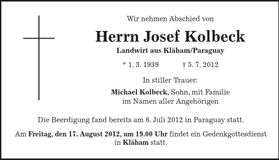 Traueranzeige Josef Kolbeck