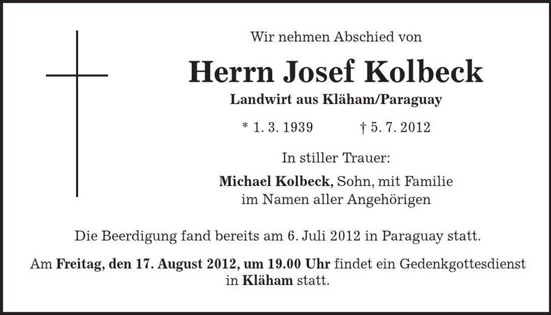 Traueranzeige Josef Kolbeck