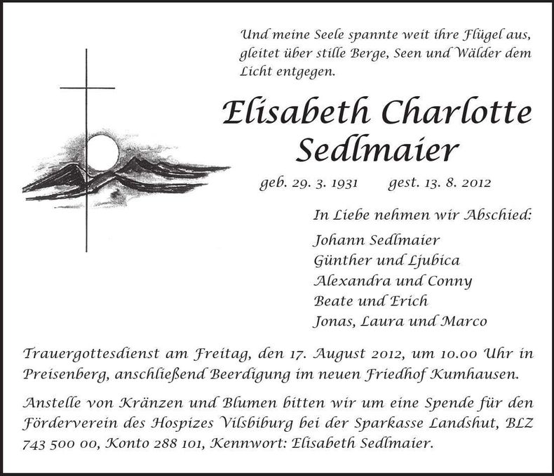 Traueranzeige Elisabeth Charlotte Sedlmaier