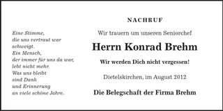 Traueranzeige Konrad Brehm