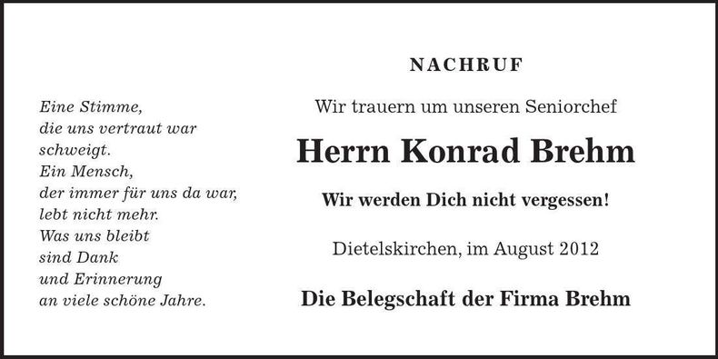 Traueranzeige Konrad Brehm
