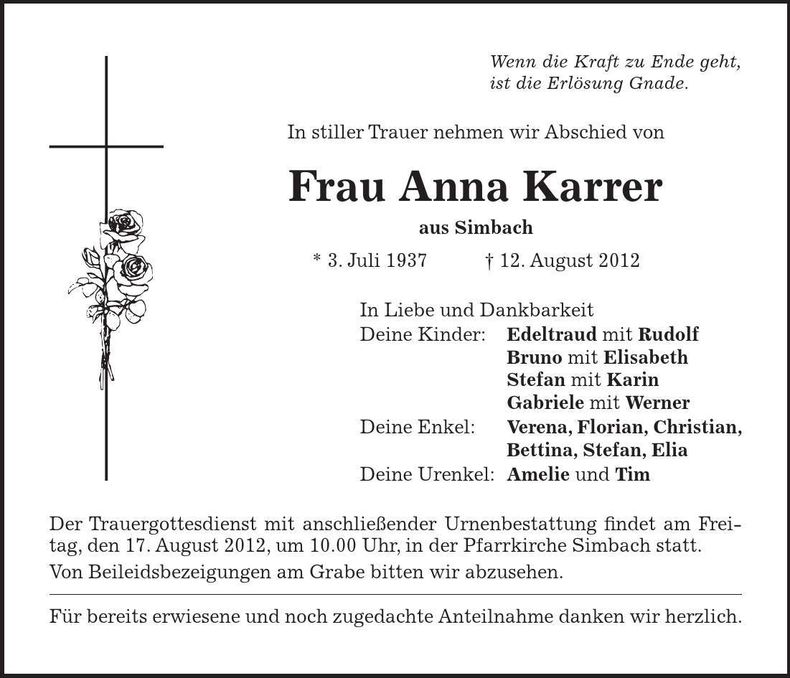 Traueranzeige Anna Karrer