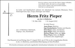 Traueranzeige Fritz Pieper