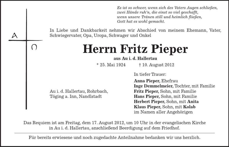 Traueranzeige Fritz Pieper