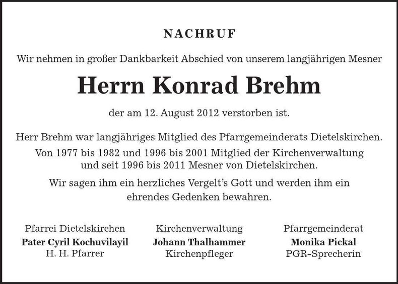 Traueranzeige Konrad Brehm