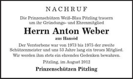 Traueranzeige Anton Weber