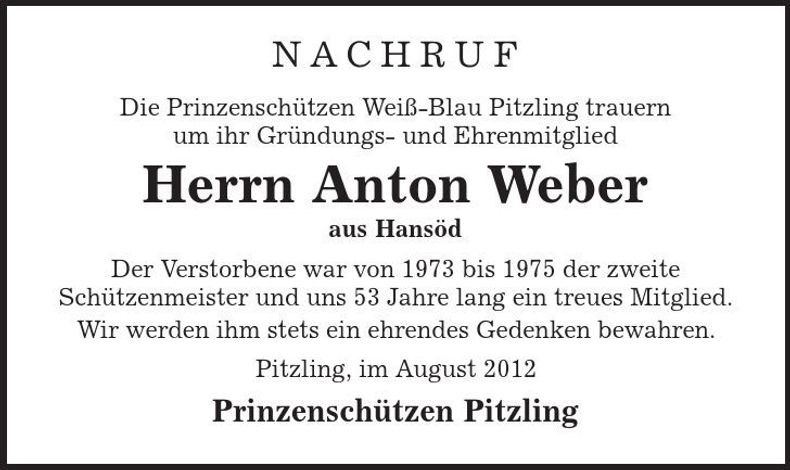 Traueranzeige Anton Weber