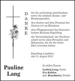 Traueranzeige Pauline Lang