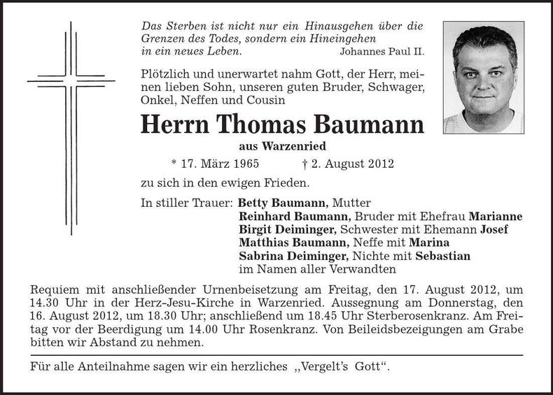 Traueranzeige Thomas Baumann
