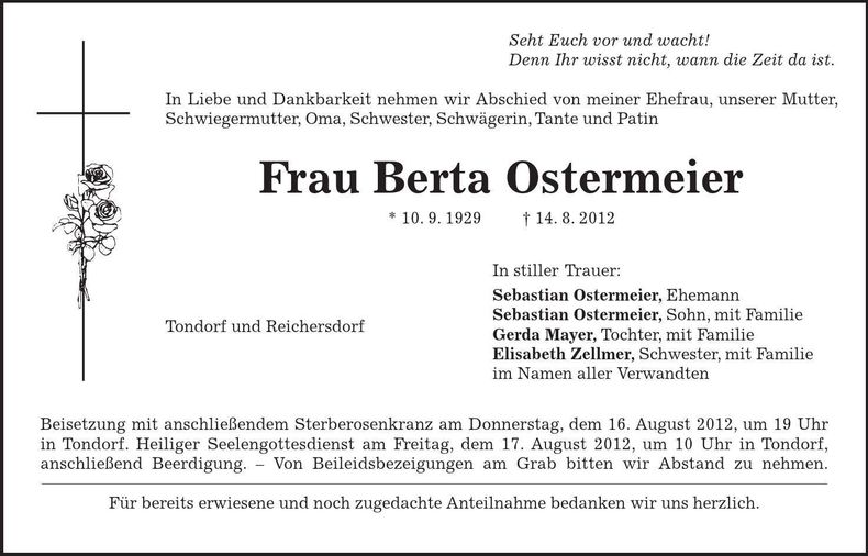 Traueranzeige Berta Ostermeier
